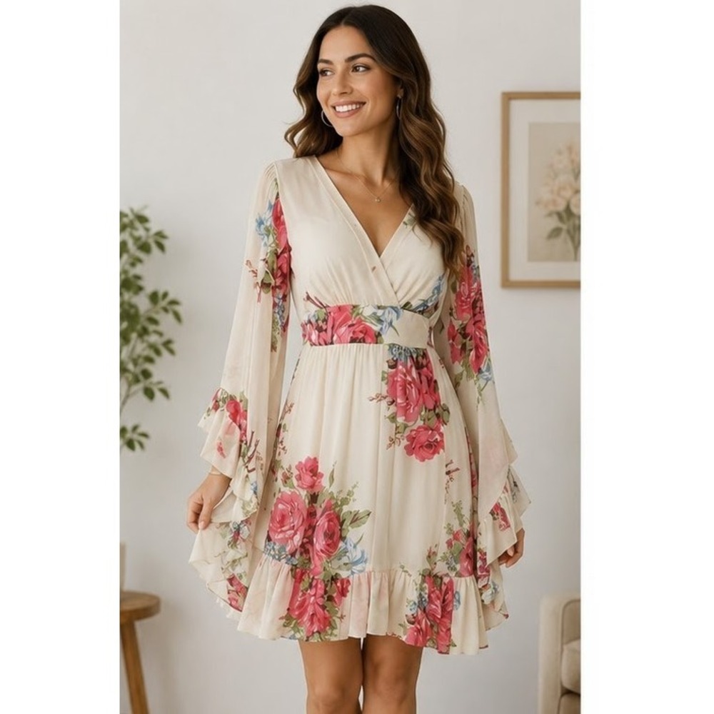 Betsy Johnson Bambi Ivory Floral Fit & Flare Dress 10 Bell Sleeves Surplice Neck